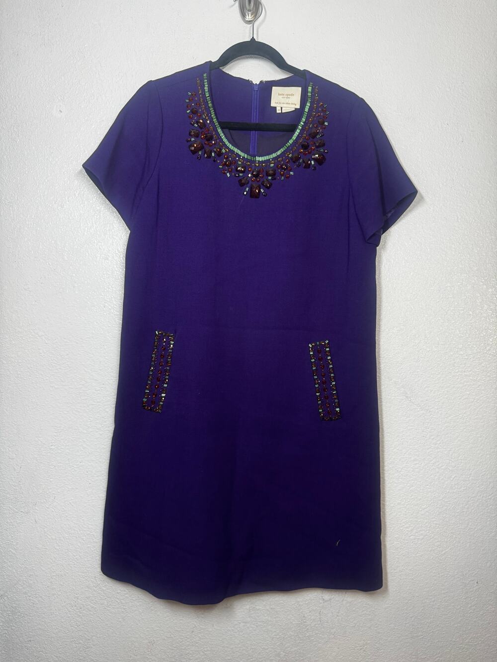Kate Spade Gail Wool Shift Dress Purple Jeweled Beaded Neck Short Sleeve Sz 10